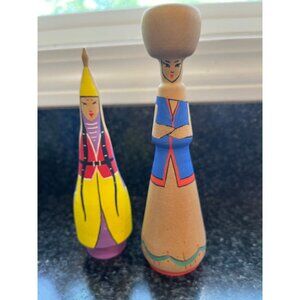 Vintage 1979 Pair of Russian Wooden Folk Art Dolls "Hevecta" & "Woman In Eliceke